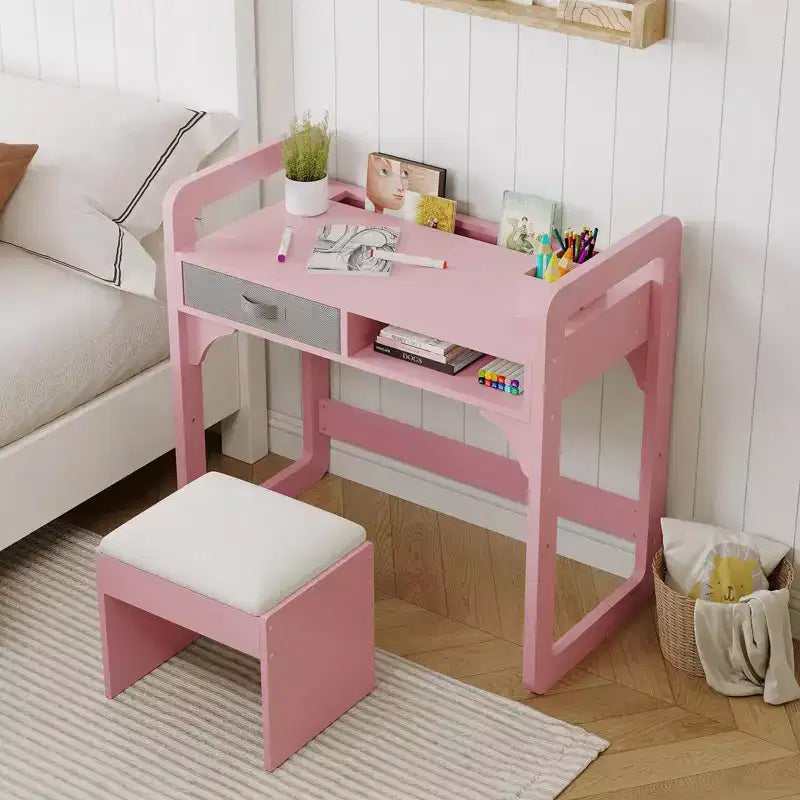 Scrivania e sedia per bambini - Tavolo da studio in legno con cassetto in tessuto, portapenne e sgabello imbottito per camera da letto, sala giochi e soggiorno