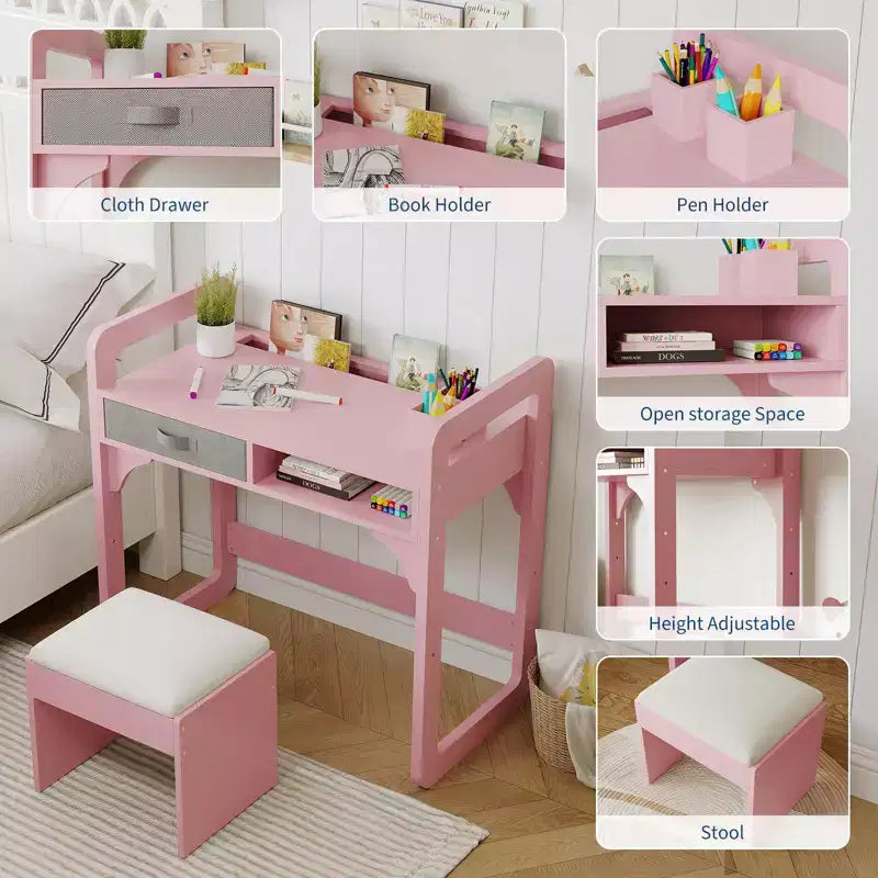 Scrivania e sedia per bambini - Tavolo da studio in legno con cassetto in tessuto, portapenne e sgabello imbottito per camera da letto, sala giochi e soggiorno