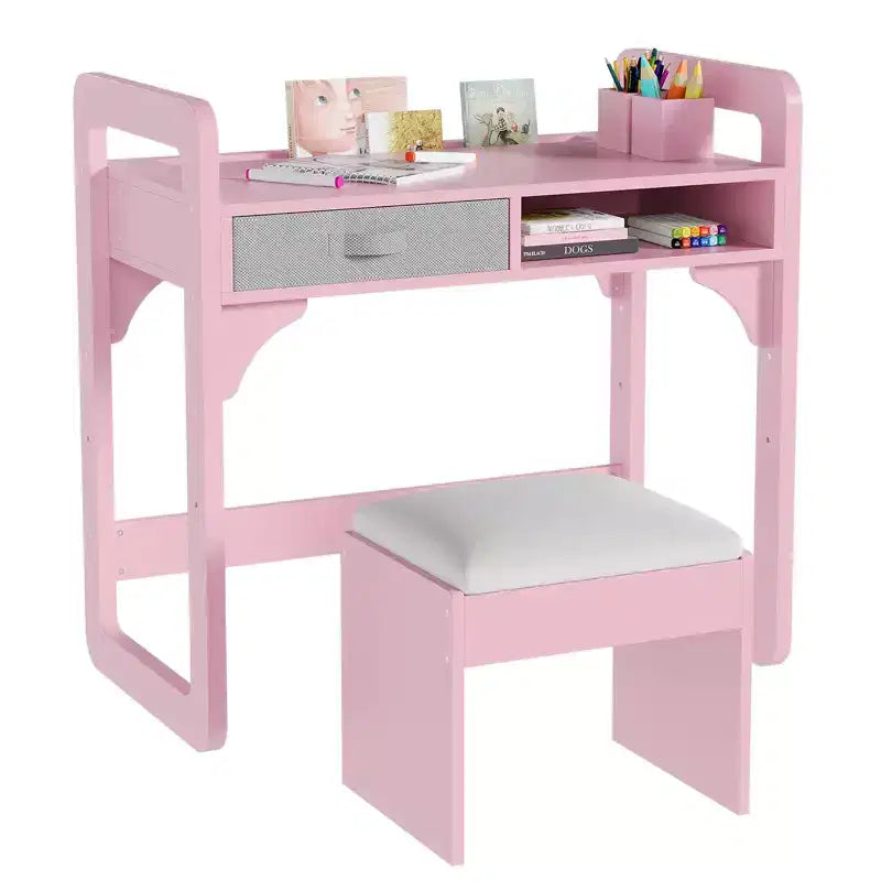 Scrivania e sedia per bambini - Tavolo da studio in legno con cassetto in tessuto, portapenne e sgabello imbottito per camera da letto, sala giochi e soggiorno