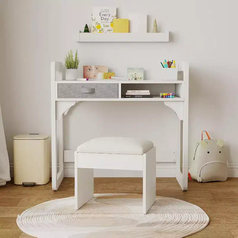 Scrivania e sedia per bambini - Tavolo da studio in legno con cassetto in tessuto, portapenne e sgabello imbottito per camera da letto, sala giochi e soggiorno