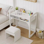 Scrivania e sedia per bambini - Tavolo da studio in legno con cassetto in tessuto, portapenne e sgabello imbottito per camera da letto, sala giochi e soggiorno