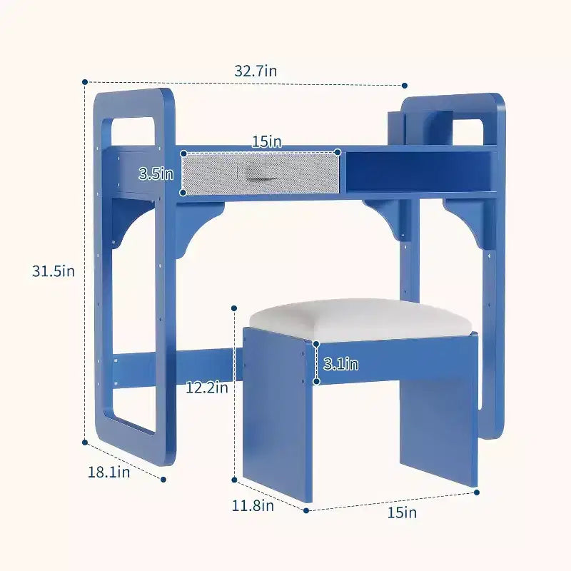 Scrivania e sedia per bambini - Tavolo da studio in legno con cassetto in tessuto, portapenne e sgabello imbottito per camera da letto, sala giochi e soggiorno