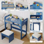 Scrivania e sedia per bambini - Tavolo da studio in legno con cassetto in tessuto, portapenne e sgabello imbottito per camera da letto, sala giochi e soggiorno