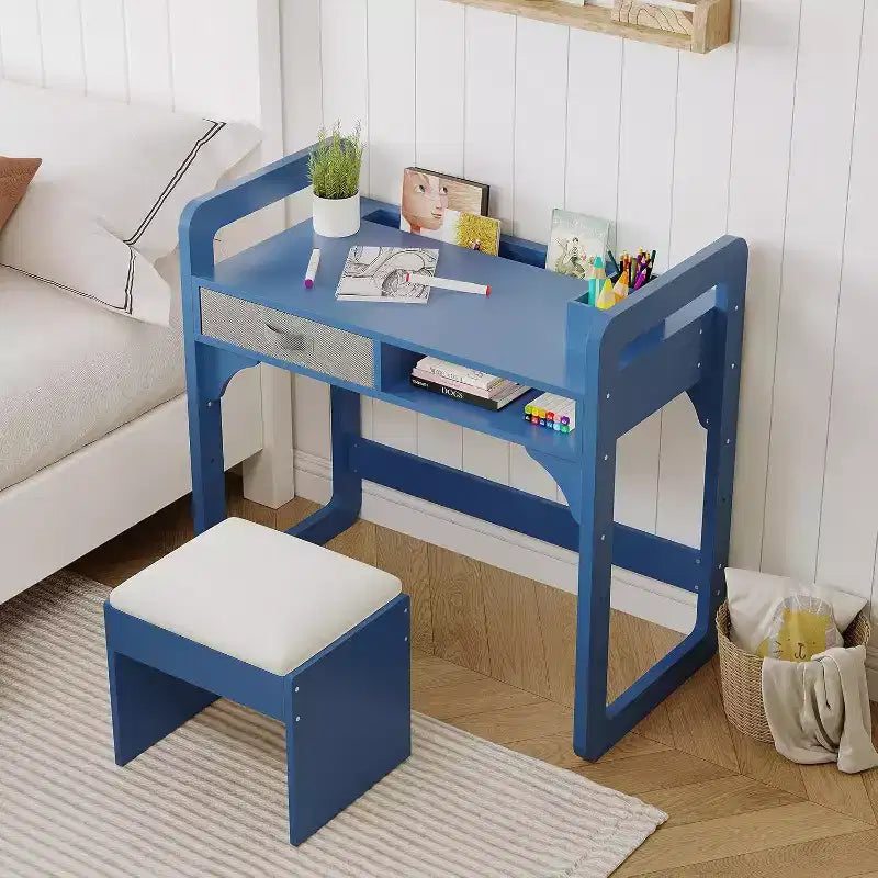 Scrivania e sedia per bambini - Tavolo da studio in legno con cassetto in tessuto, portapenne e sgabello imbottito per camera da letto, sala giochi e soggiorno