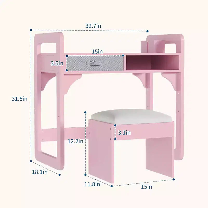 Scrivania e sedia per bambini - Tavolo da studio in legno con cassetto in tessuto, portapenne e sgabello imbottito per camera da letto, sala giochi e soggiorno