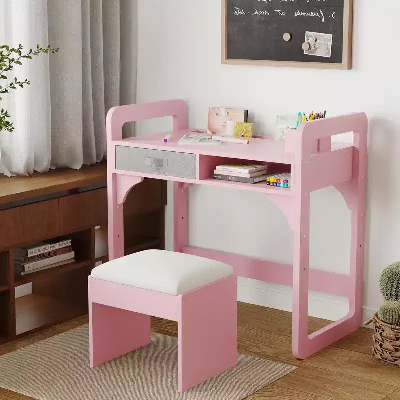 Scrivania e sedia per bambini - Tavolo da studio in legno con cassetto in tessuto, portapenne e sgabello imbottito per camera da letto, sala giochi e soggiorno