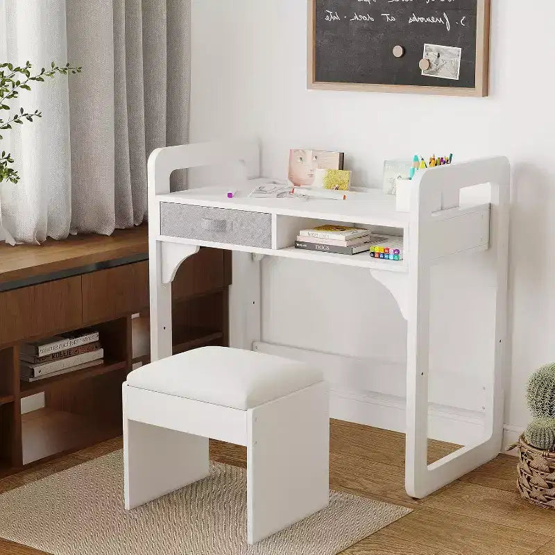 Scrivania e sedia per bambini - Tavolo da studio in legno con cassetto in tessuto, portapenne e sgabello imbottito per camera da letto, sala giochi e soggiorno