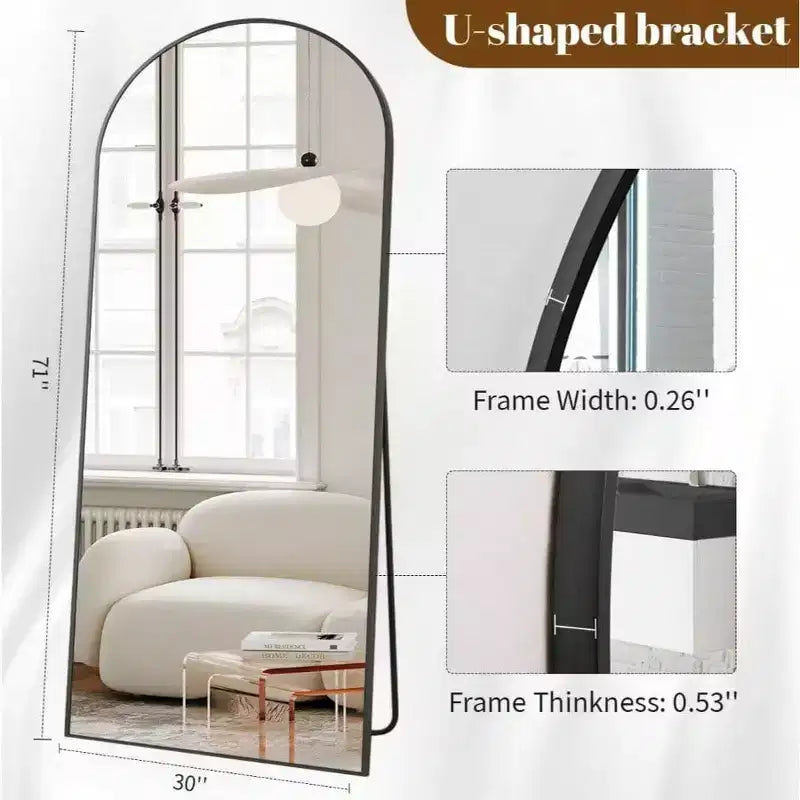 Specchio a figura intera 30x71 nero ad arco. Cornice in alluminio, uso versatile in piedi, appeso o appoggiato per qualsiasi stanza