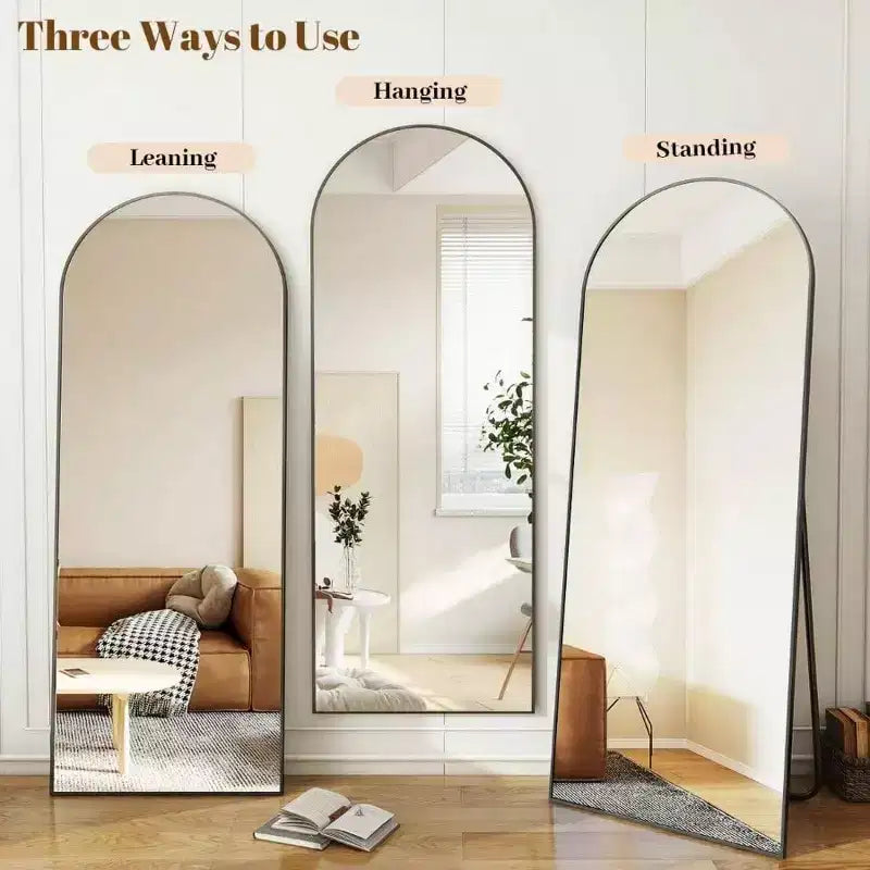 Specchio a figura intera 30x71 nero ad arco. Cornice in alluminio, uso versatile in piedi, appeso o appoggiato per qualsiasi stanza