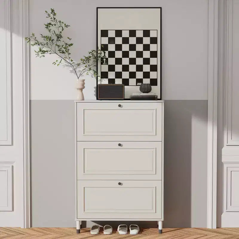 Entryway shoe cabinet, narrow shoe rack, shoe cabinet with 3 flip-top drawers, freestanding shoe cabinet with legs, entryway storage manager White