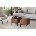 Evianna Pouf Contenitore Quadrato Contemporaneo Largo 45 cm di Metà Secolo con Vassoio in Ecopelle Vegana Marrone Sella Invecchiato