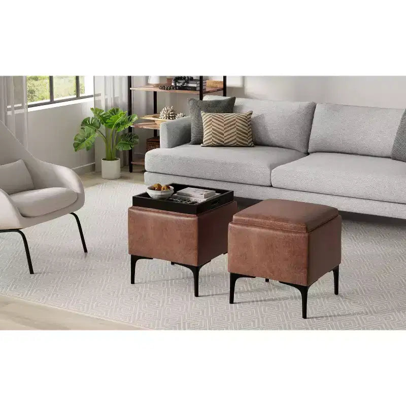 Evianna Pouf Contenitore Quadrato Contemporaneo Largo 45 cm di Metà Secolo con Vassoio in Ecopelle Vegana Marrone Sella Invecchiato