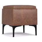 Evianna Pouf Contenitore Quadrato Contemporaneo Largo 45 cm di Metà Secolo con Vassoio in Ecopelle Vegana Marrone Sella Invecchiato