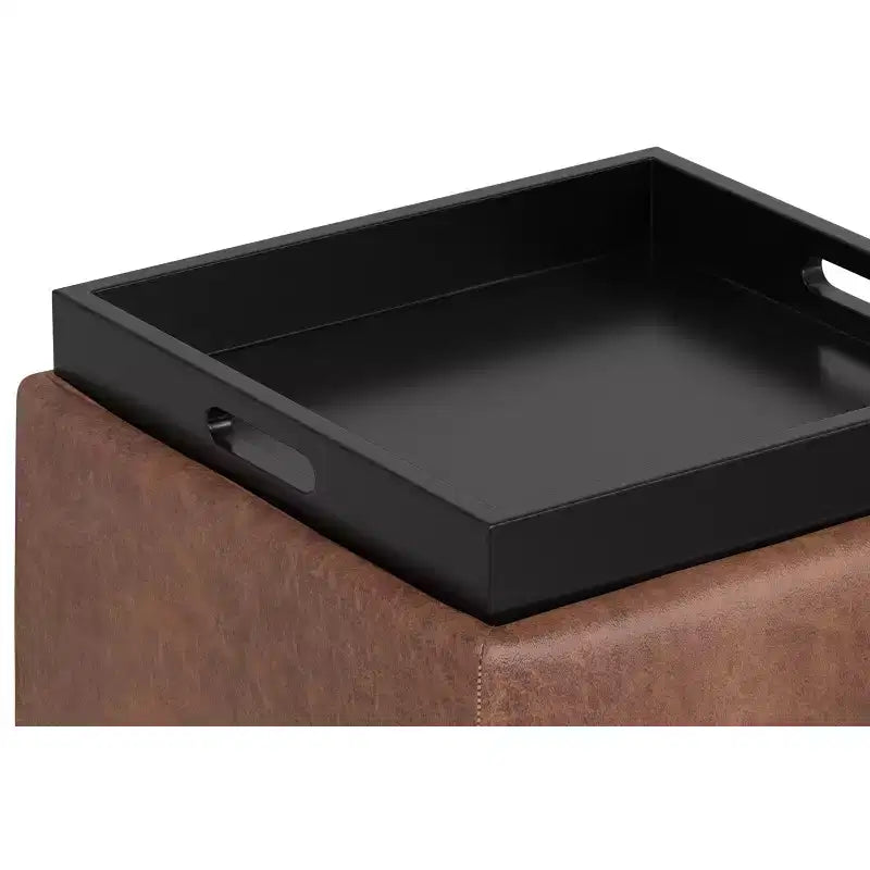 Evianna Pouf Contenitore Quadrato Contemporaneo Largo 45 cm di Metà Secolo con Vassoio in Ecopelle Vegana Marrone Sella Invecchiato