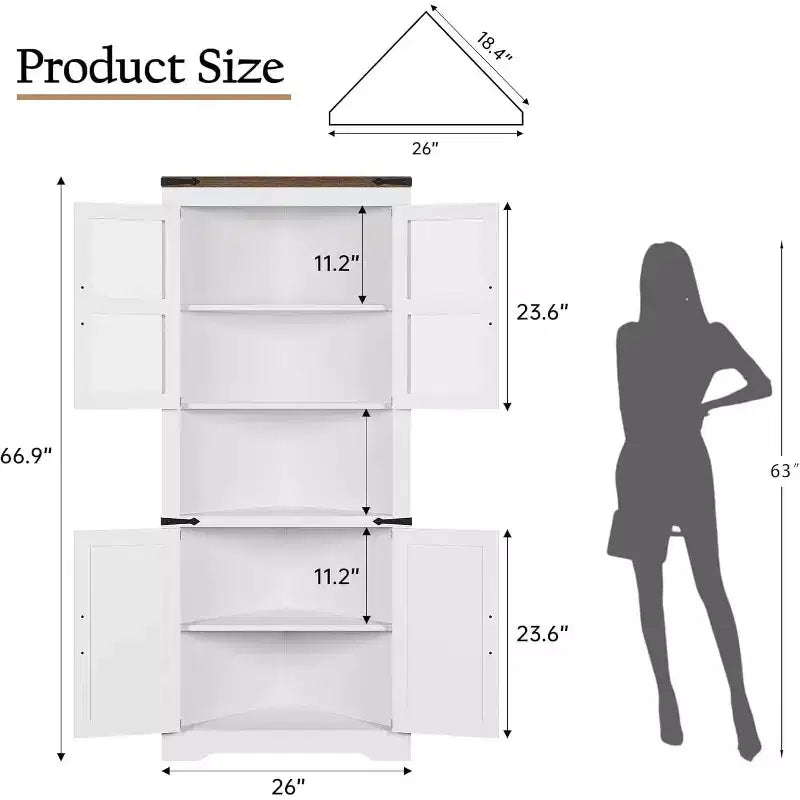 Mobile angolare alto da fattoria rustico, 18.4x26x67 con ante in vetro e ripiani regolabili, mobiletto angolare per cucina, soggiorno, bagno, lavanderia