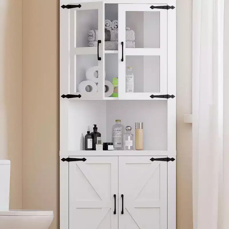 Mobile angolare alto da fattoria rustico, 18.4x26x67 con ante in vetro e ripiani regolabili, mobiletto angolare per cucina, soggiorno, bagno, lavanderia