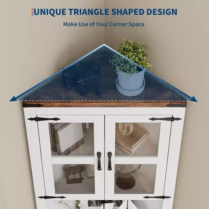Mobile angolare alto da fattoria rustico, 18.4x26x67 con ante in vetro e ripiani regolabili, mobiletto angolare per cucina, soggiorno, bagno, lavanderia