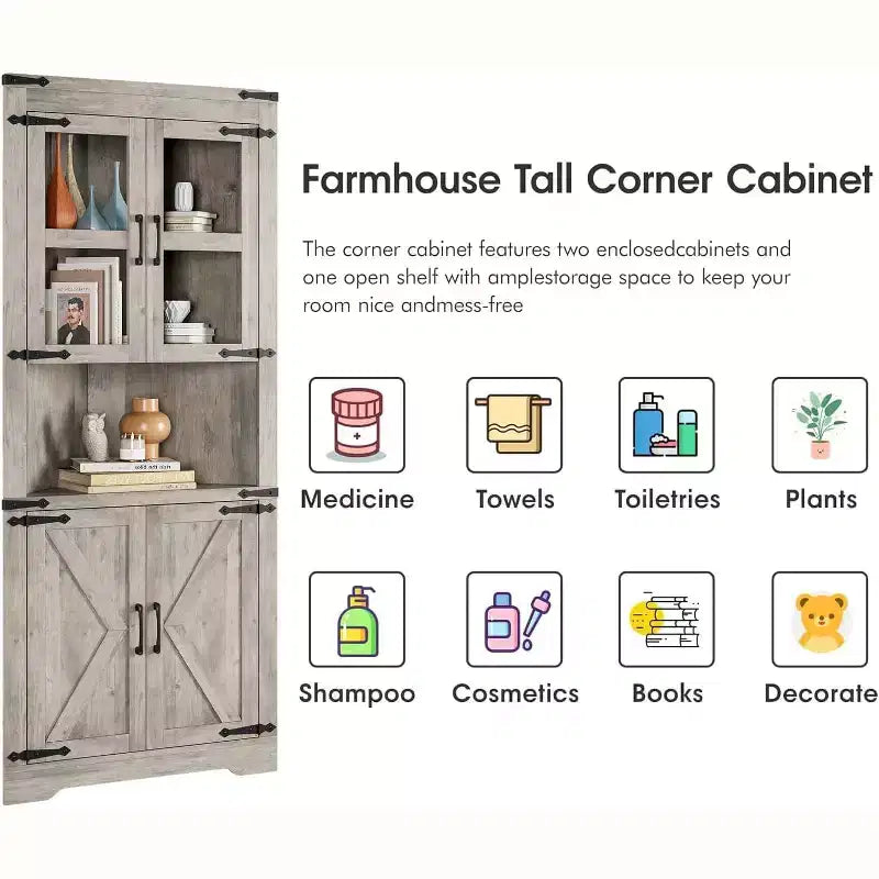 Mobile angolare alto da fattoria rustico, 18.4x26x67 con ante in vetro e ripiani regolabili, mobiletto angolare per cucina, soggiorno, bagno, lavanderia