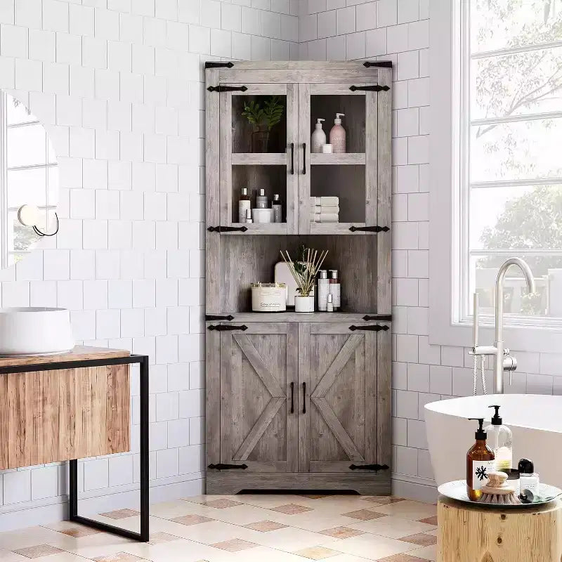 Mobile angolare alto da fattoria rustico, 18.4x26x67 con ante in vetro e ripiani regolabili, mobiletto angolare per cucina, soggiorno, bagno, lavanderia