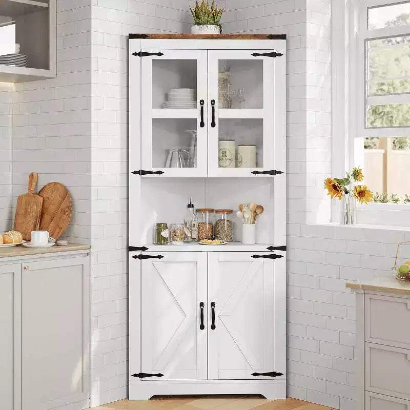 Mobile angolare alto da fattoria rustico, 18.4x26x67 con ante in vetro e ripiani regolabili, mobiletto angolare per cucina, soggiorno, bagno, lavanderia