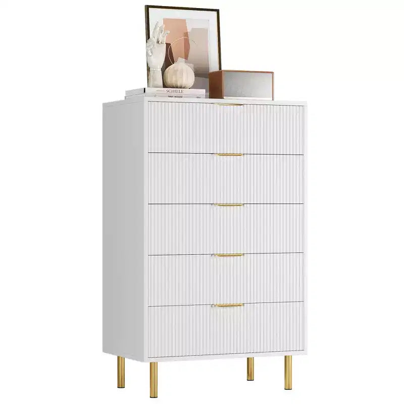 Acekool Cassettiera Bianca a 5 Cassetti per Camera da Letto, Comò Moderno Alto 48, Gambe in Metallo Dorato, Dettaglio Scanalato, Organizer Contenitore per Casa, Ingresso, Ufficio