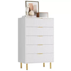 Acekool Cassettiera Bianca a 5 Cassetti per Camera da Letto, Comò Moderno Alto 48, Gambe in Metallo Dorato, Dettaglio Scanalato, Organizer Contenitore per Casa, Ingresso, Ufficio
