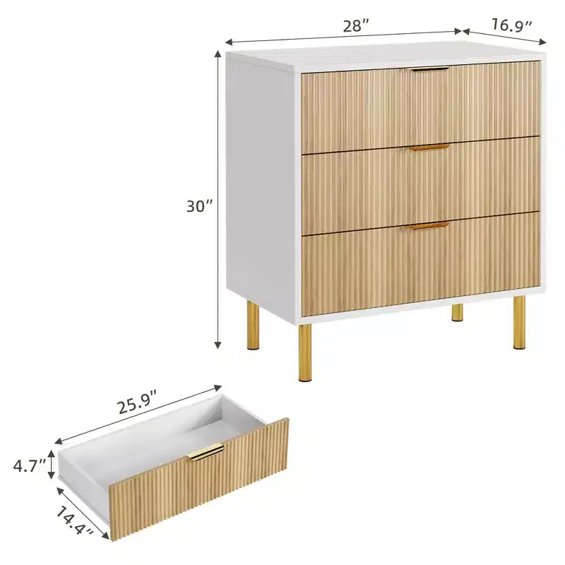 Acekool Cassettiera Bianca a 5 Cassetti per Camera da Letto, Comò Moderno Alto 48, Gambe in Metallo Dorato, Dettaglio Scanalato, Organizer Contenitore per Casa, Ingresso, Ufficio