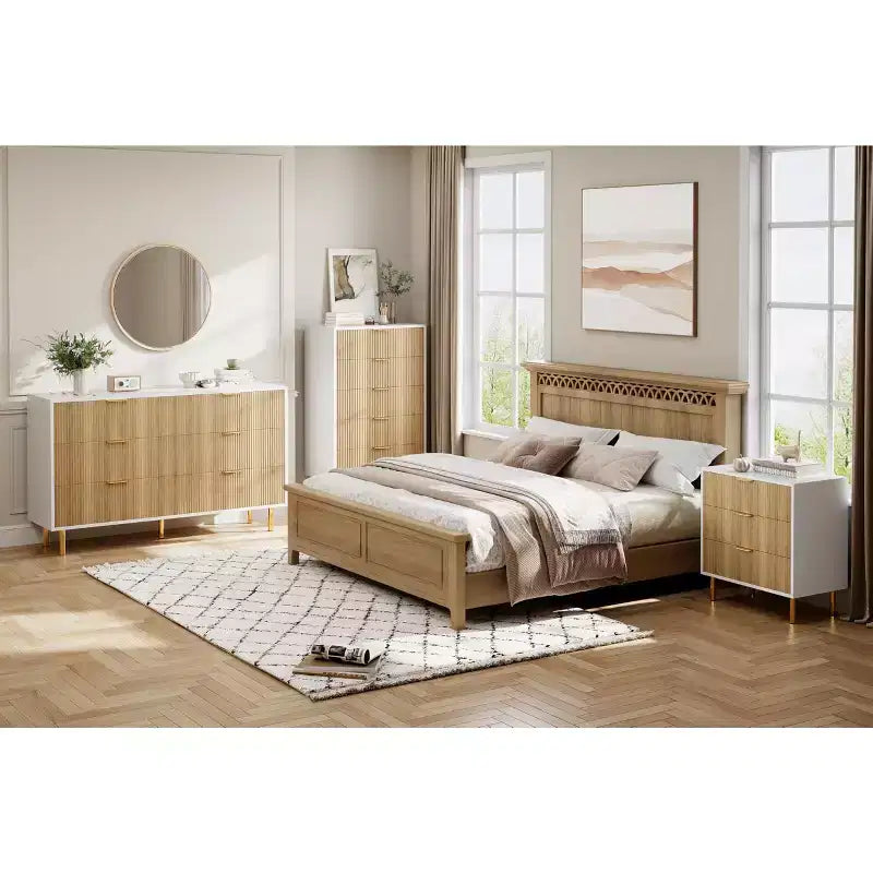 Acekool Cassettiera Bianca a 5 Cassetti per Camera da Letto, Comò Moderno Alto 48, Gambe in Metallo Dorato, Dettaglio Scanalato, Organizer Contenitore per Casa, Ingresso, Ufficio