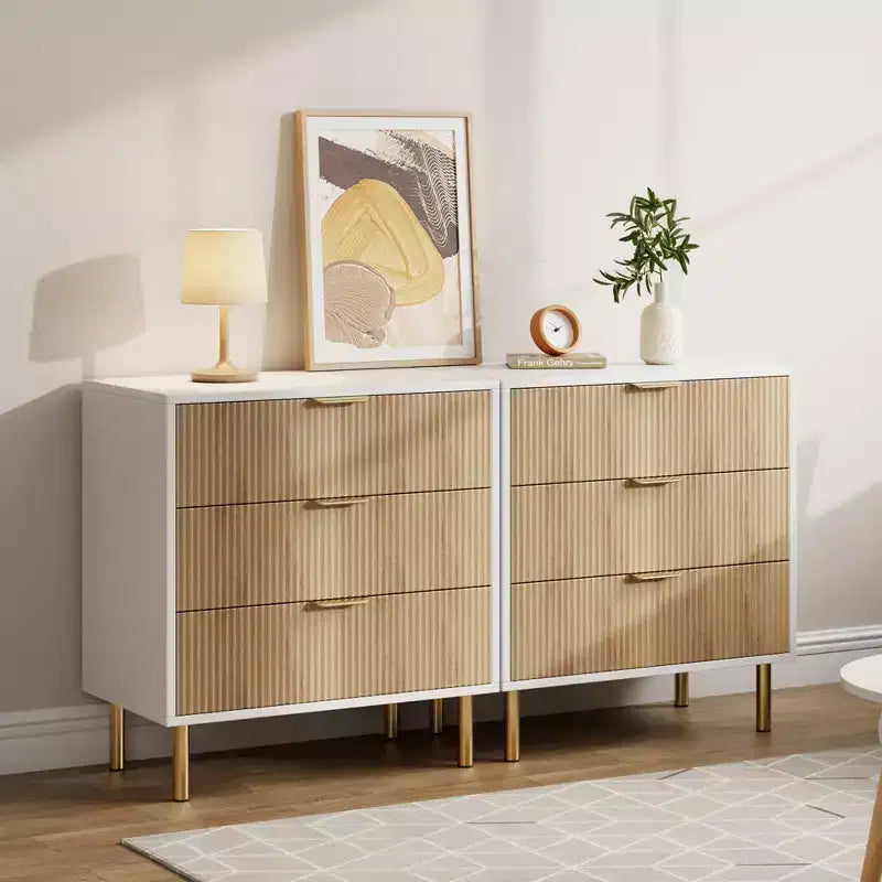 Acekool Cassettiera Bianca a 5 Cassetti per Camera da Letto, Comò Moderno Alto 48, Gambe in Metallo Dorato, Dettaglio Scanalato, Organizer Contenitore per Casa, Ingresso, Ufficio