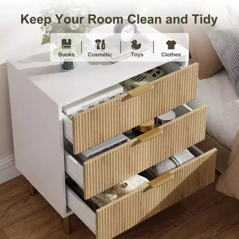 Acekool Cassettiera Bianca a 5 Cassetti per Camera da Letto, Comò Moderno Alto 48, Gambe in Metallo Dorato, Dettaglio Scanalato, Organizer Contenitore per Casa, Ingresso, Ufficio