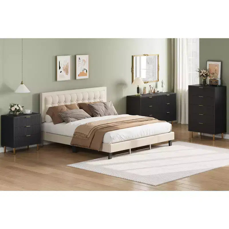 Acekool Cassettiera Bianca a 5 Cassetti per Camera da Letto, Comò Moderno Alto 48, Gambe in Metallo Dorato, Dettaglio Scanalato, Organizer Contenitore per Casa, Ingresso, Ufficio