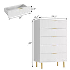 Acekool Cassettiera Bianca a 5 Cassetti per Camera da Letto, Comò Moderno Alto 48, Gambe in Metallo Dorato, Dettaglio Scanalato, Organizer Contenitore per Casa, Ingresso, Ufficio