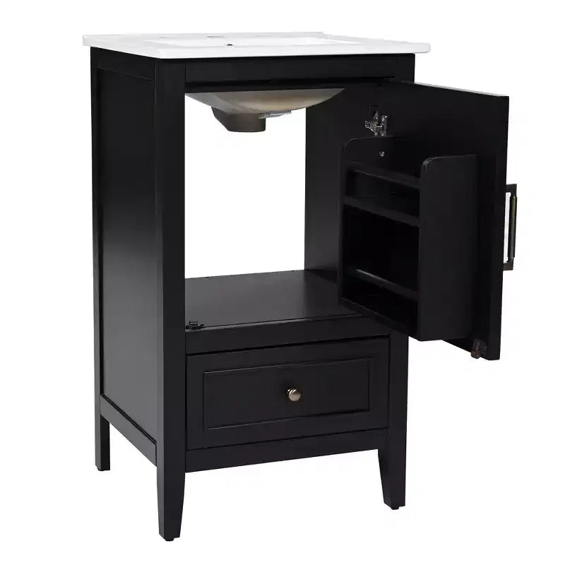 Mobiletto da bagno salvaspazio 30" con lavabo, mobiletto da bagno in legno con cassetti e anta, nero