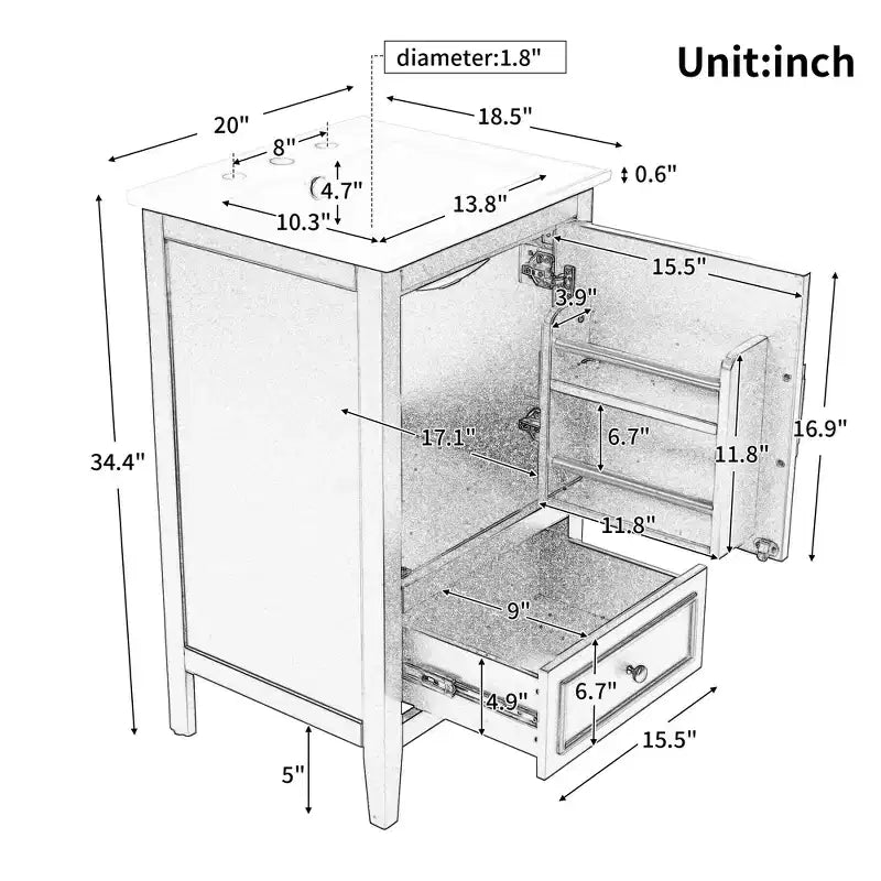 Mobiletto da bagno salvaspazio 30" con lavabo, mobiletto da bagno in legno con cassetti e anta, nero
