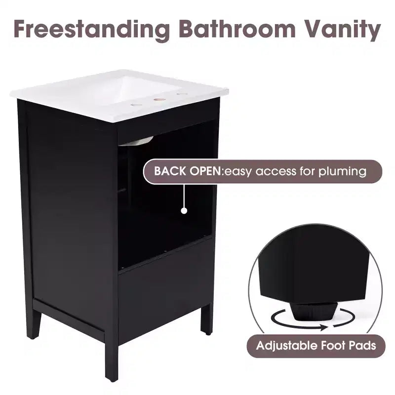 Mobiletto da bagno salvaspazio 30" con lavabo, mobiletto da bagno in legno con cassetti e anta, nero