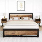 Bed Frame with Wooden Headboard, 14 Inch Heavy Duty Industrial Metal Platform Bed Frame with Under Bed Storage, No Box Spring Needed