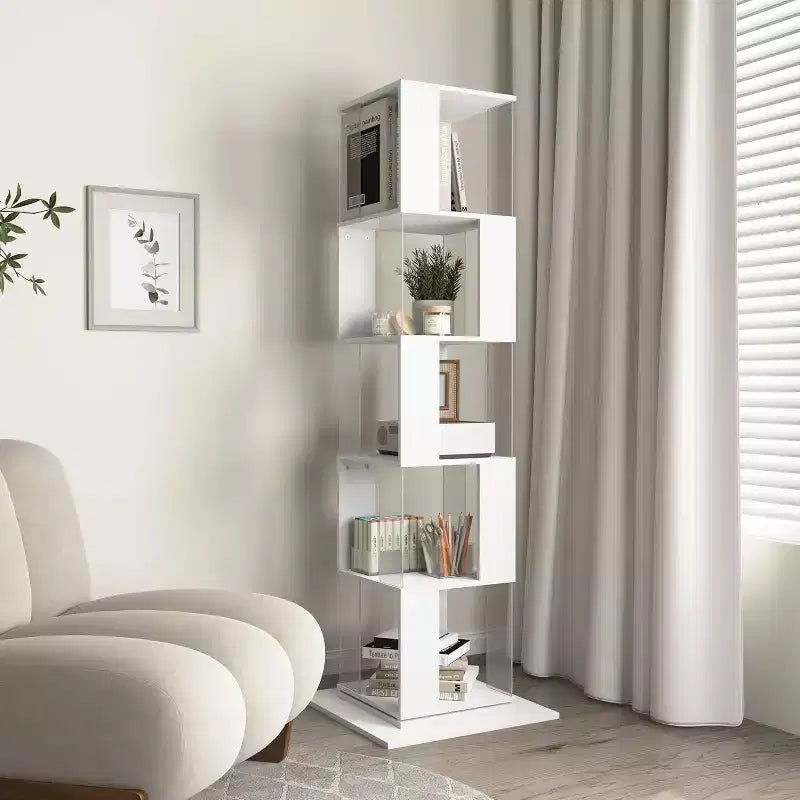 Libreria Girevole a 360° a 6 Ripiani, Scaffale Stretto in Legno con Pannelli in Acrilico, Organizer da Terra per Camera da Letto, Soggiorno, Studio