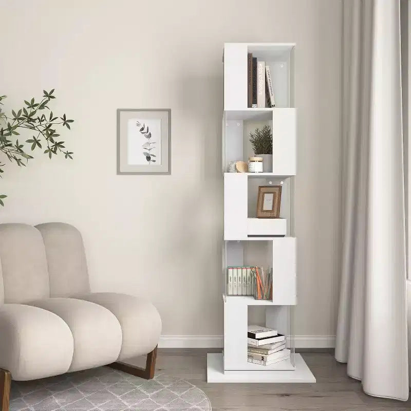 Libreria Girevole a 360° a 6 Ripiani, Scaffale Stretto in Legno con Pannelli in Acrilico, Organizer da Terra per Camera da Letto, Soggiorno, Studio