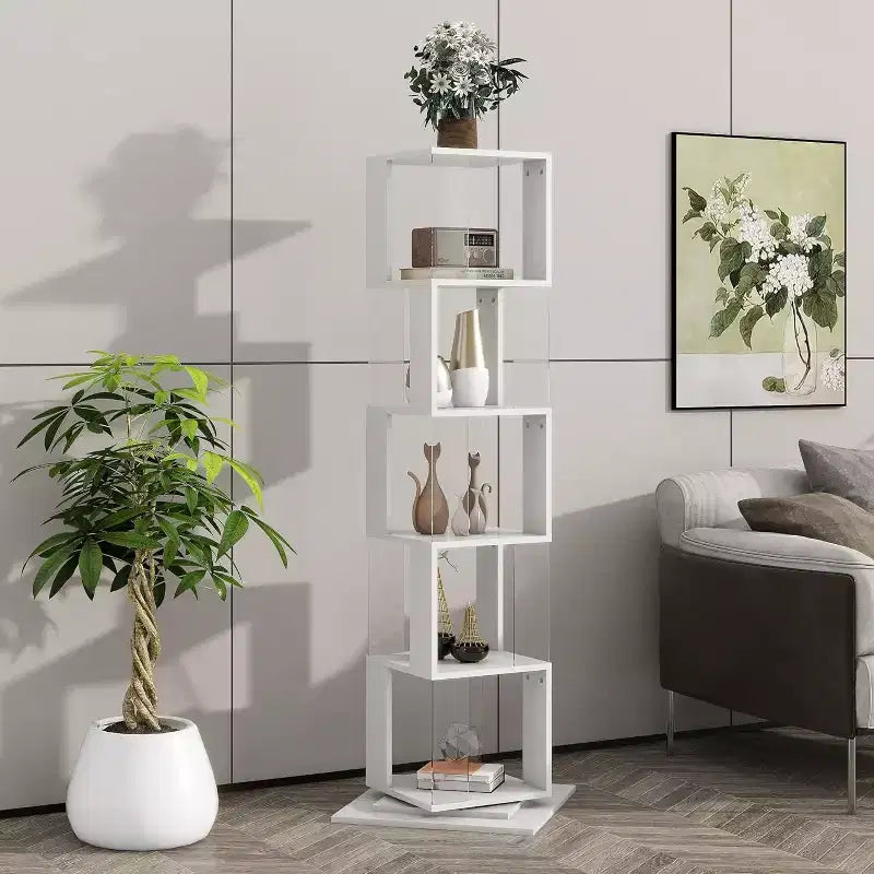 Libreria Girevole a 360° a 6 Ripiani, Scaffale Stretto in Legno con Pannelli in Acrilico, Organizer da Terra per Camera da Letto, Soggiorno, Studio