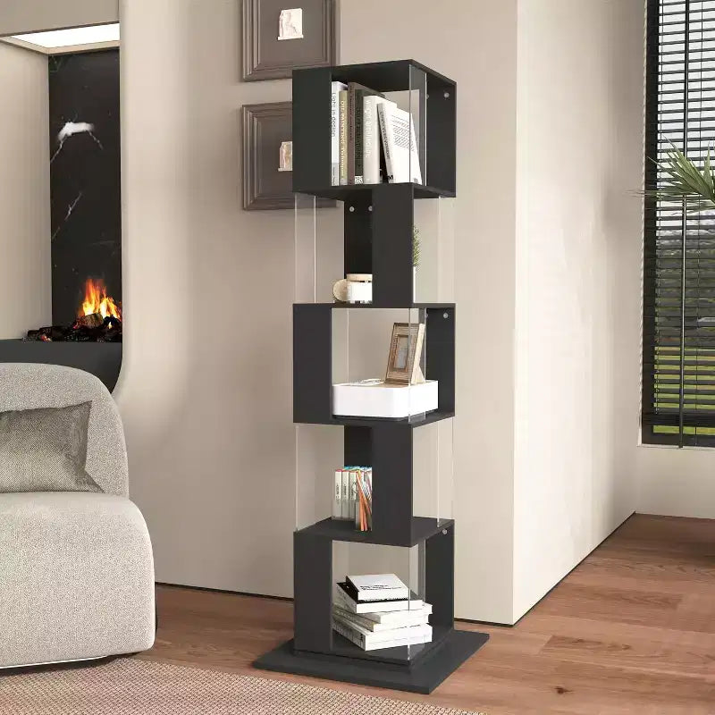 Libreria Girevole a 360° a 6 Ripiani, Scaffale Stretto in Legno con Pannelli in Acrilico, Organizer da Terra per Camera da Letto, Soggiorno, Studio