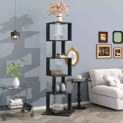 6-Tier 360 Rotating Bookcase, Narrow Wood Shelf with Acrylic Panels, Floor Organizer for Bedroom, Living Room, Study