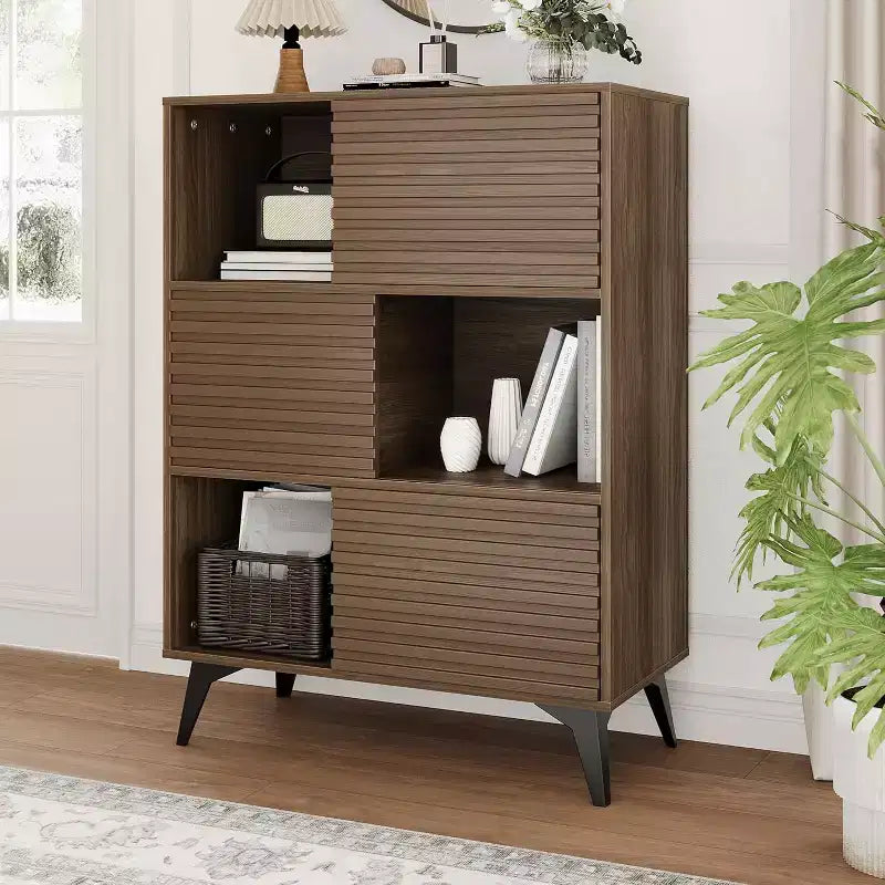 Mobile contenitore moderno con ante e 3 ripiani, Credenza in legno con gambe robuste per soggiorno, sala da pranzo, cucina