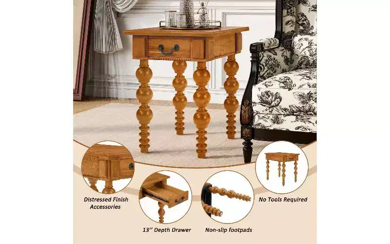 TUYOHW Tavolino d'Appoggio da Fattoria con Cassetto e Fusi a Bolla, Tavolino da Salotto con Piano in Impiallacciatura di Legno di Acacia Impermeabile, Comodino Vintage