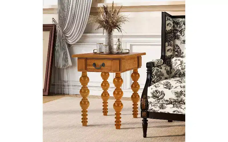 TUYOHW Tavolino d'Appoggio da Fattoria con Cassetto e Fusi a Bolla, Tavolino da Salotto con Piano in Impiallacciatura di Legno di Acacia Impermeabile, Comodino Vintage