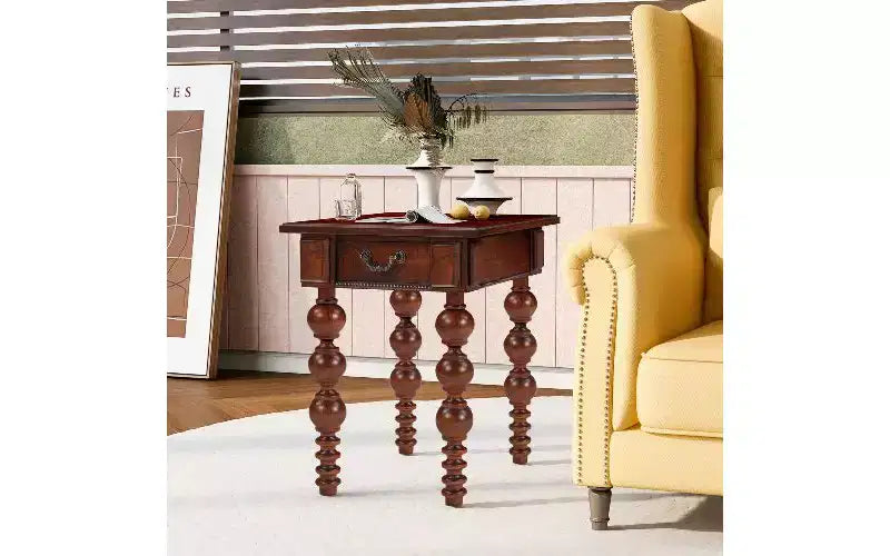 TUYOHW Tavolino d'Appoggio da Fattoria con Cassetto e Fusi a Bolla, Tavolino da Salotto con Piano in Impiallacciatura di Legno di Acacia Impermeabile, Comodino Vintage