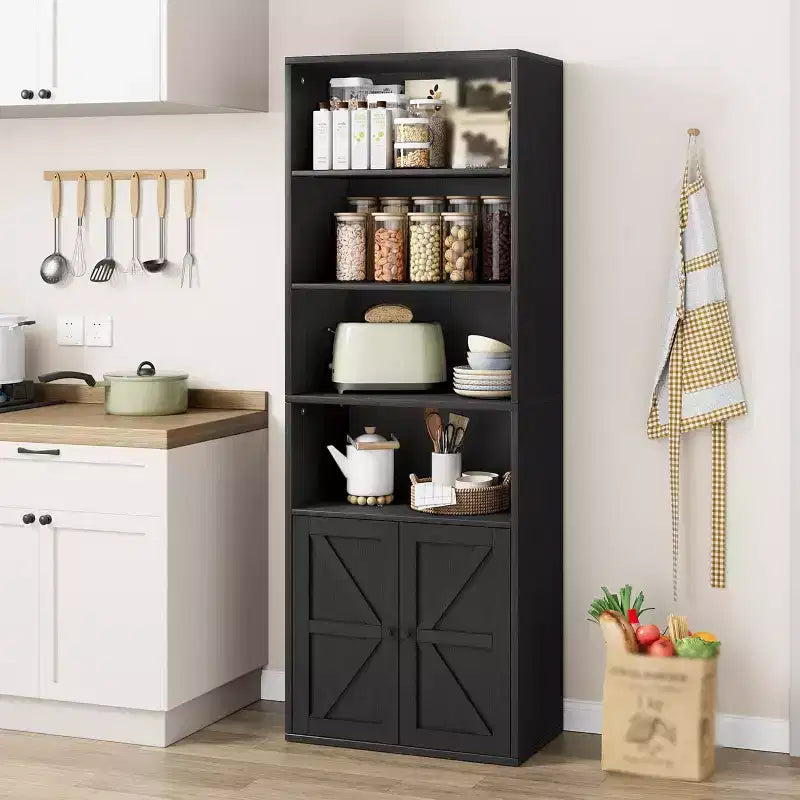 Confezione da 2 librerie alte in legno a 4 ripiani con doppia anta e 4 ripiani aperti, vetrinette da pavimento per ufficio, casa, libreria, nere