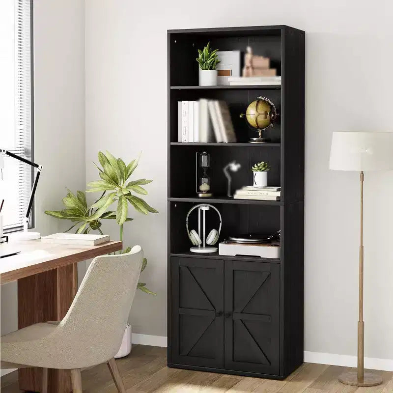 Confezione da 2 librerie alte in legno a 4 ripiani con doppia anta e 4 ripiani aperti, vetrinette da pavimento per ufficio, casa, libreria, nere
