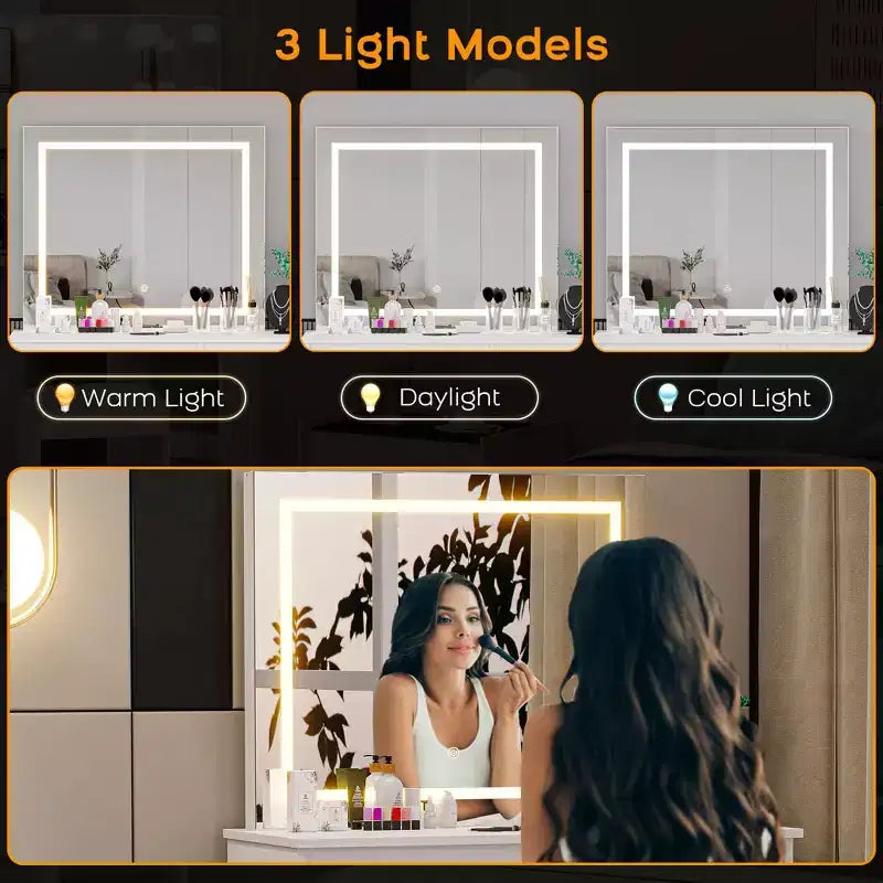 Acekool Scrivania da trucco con specchio illuminato, presa di corrente, sgabello e 4 cassetti, grande tavolo da trucco per camera da letto o spogliatoio