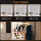 Acekool Scrivania da trucco con specchio illuminato, presa di corrente, sgabello e 4 cassetti, grande tavolo da trucco per camera da letto o spogliatoio
