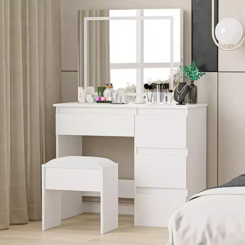 Acekool Scrivania da trucco con specchio illuminato, presa di corrente, sgabello e 4 cassetti, grande tavolo da trucco per camera da letto o spogliatoio